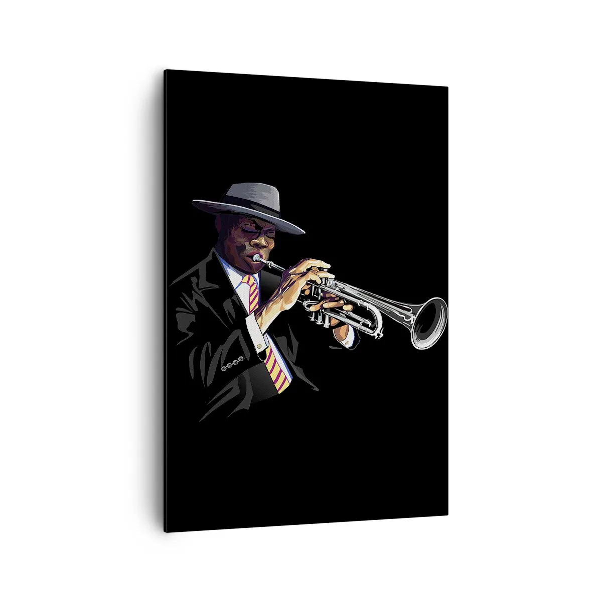 Bild auf Leinwand - Leinwandbild - Ein Musiker spielt Trompete vor schwarzem Hintergrund - 70x100cm - Charme der alten Schule - Moderne Wanddekoration für Wohnzimmer und Schlafzimmer ARTTOR