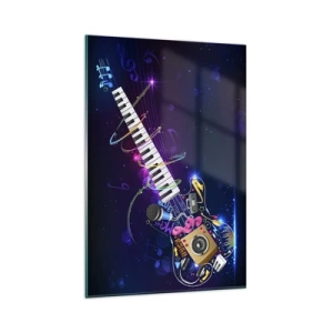 Glasbild - Bild auf glas - Eine bunte Gitarre mit Keyboard und Mikrofon auf dunklem Hintergrund. - 80x120cm - Und alles ist gut - Moderne Wanddekoration für Wohnzimmer und Schlafzimmer ARTTOR