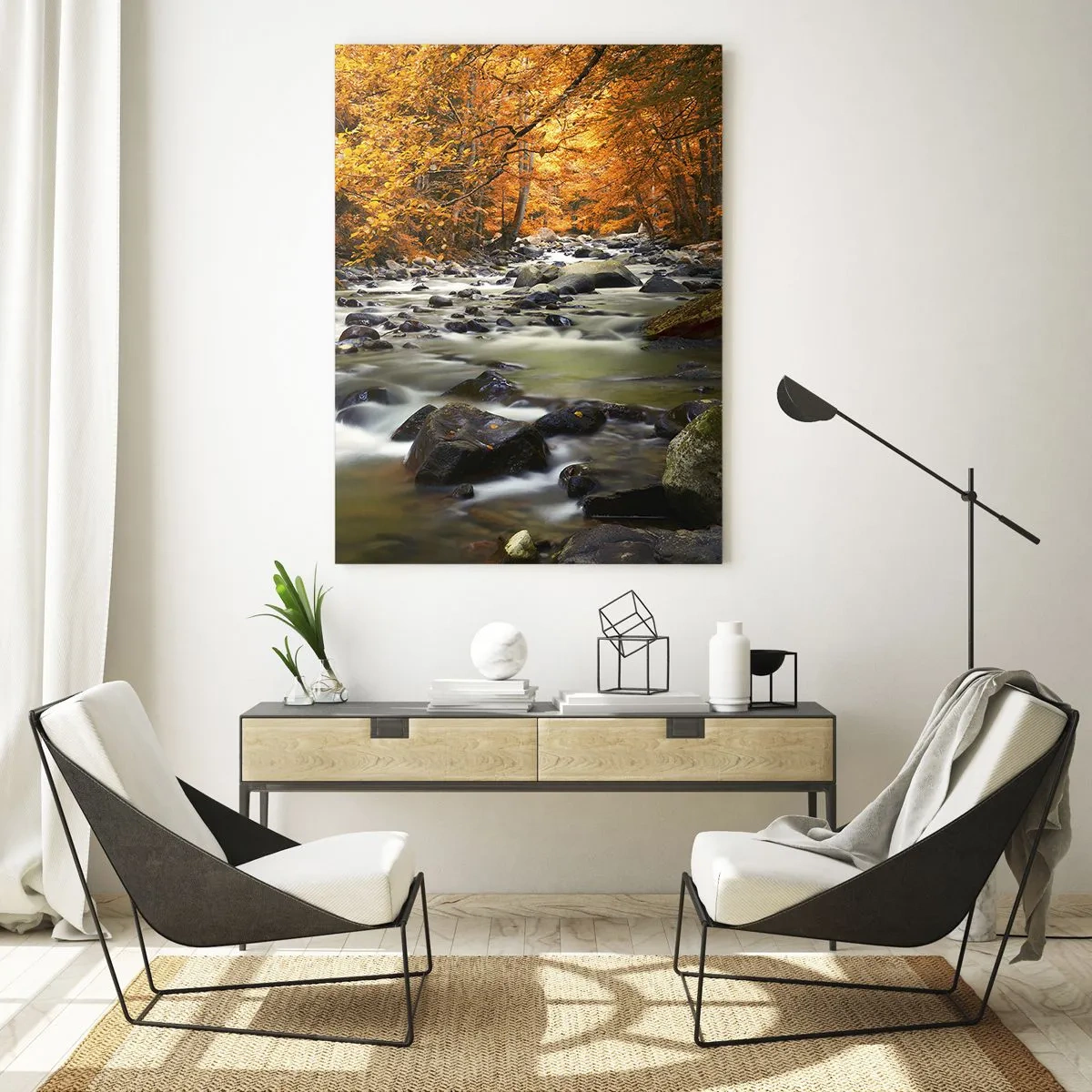 Glasbild - Bild auf glas - Ein Bach in einem herbstlichen Wald, umgeben von goldenen Blättern - 80x120cm - Ein Bach in einem goldenen Wald - Moderne Wanddekoration für Wohnzimmer und Schlafzimmer ARTTOR
