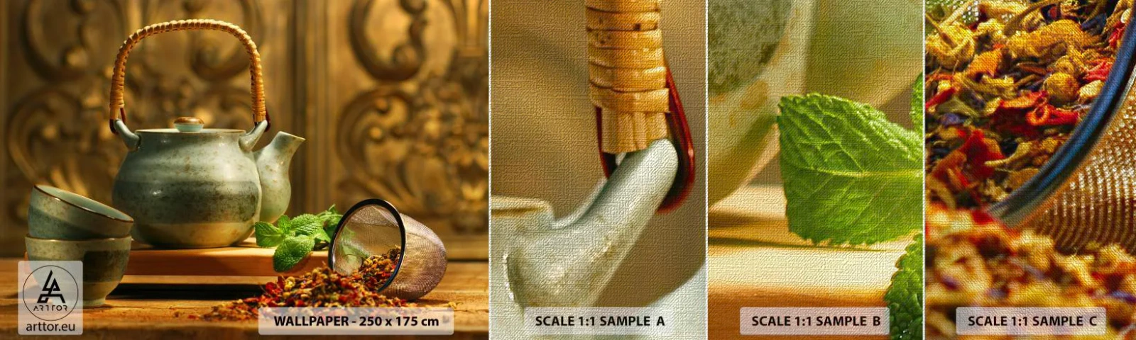 Fototapeten Muster Premium Canvas - Abhandlung über das Teetrinken - Gastronomie, Tee, Getrocknete Kräuter - 100x30 cm