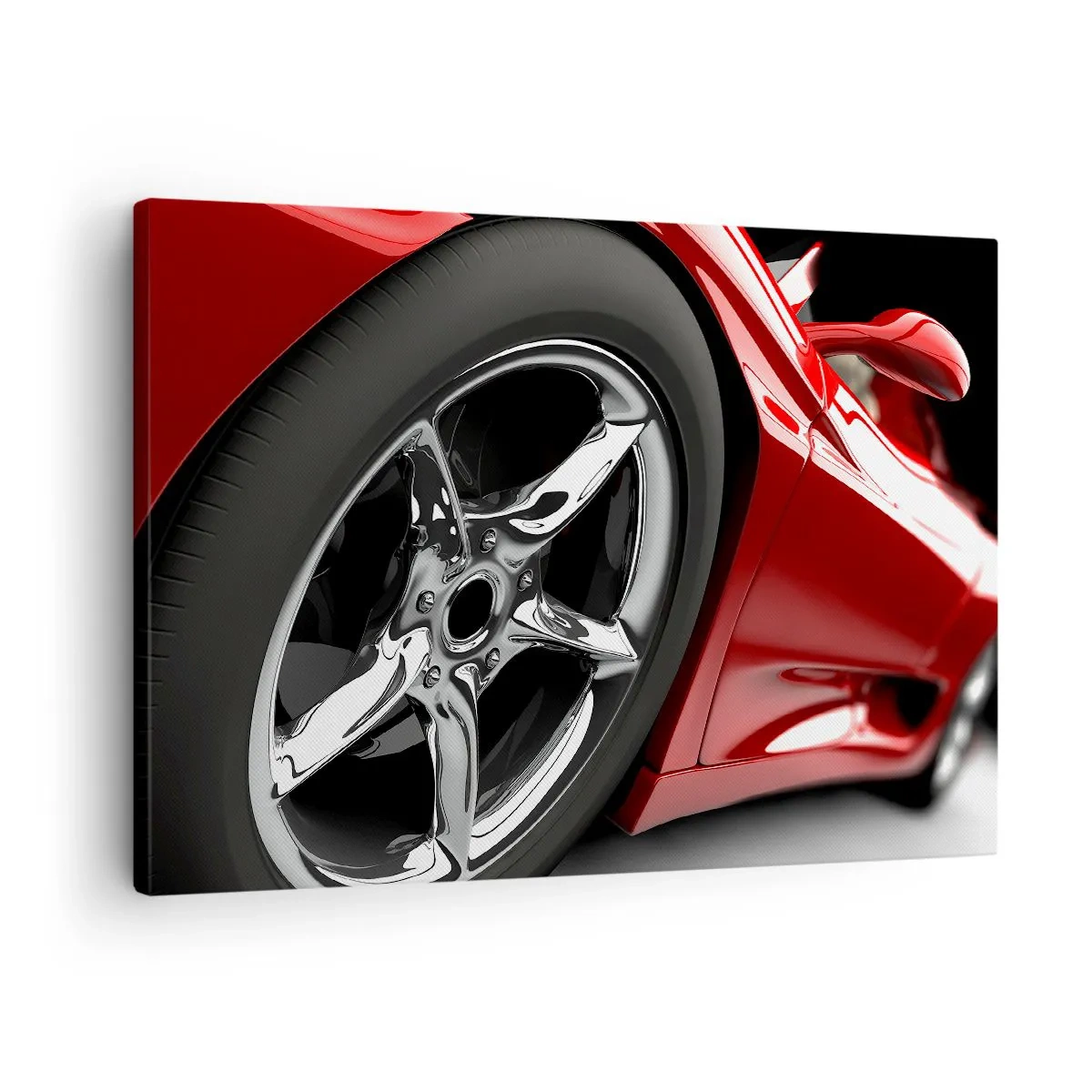 Bild auf Leinwand - Leinwandbild - Roter Sportwagen mit Chromfelge - 70x50cm - Für Schnelligkeit gebaut - Moderne Wanddekoration für Wohnzimmer und Schlafzimmer ARTTOR