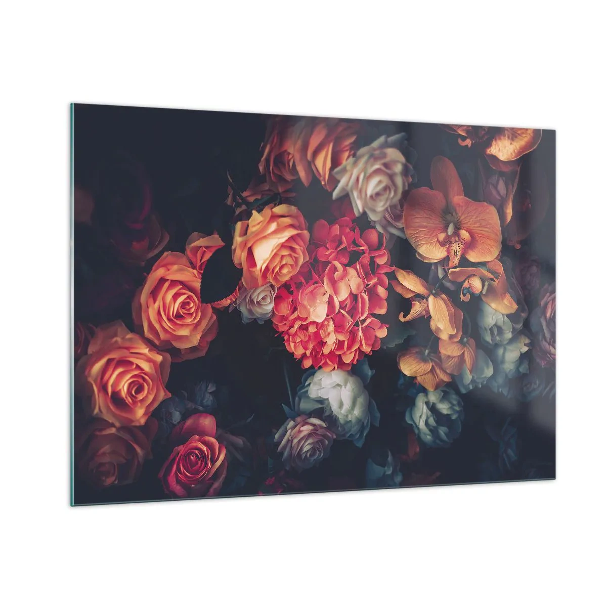 Glasbild - Bild auf glas - Dunkles Blumenarrangement mit Rosen und Orchideen - 100x70cm - Wie bei den holländischen Meistern - Moderne Wanddekoration für Wohnzimmer und Schlafzimmer ARTTOR