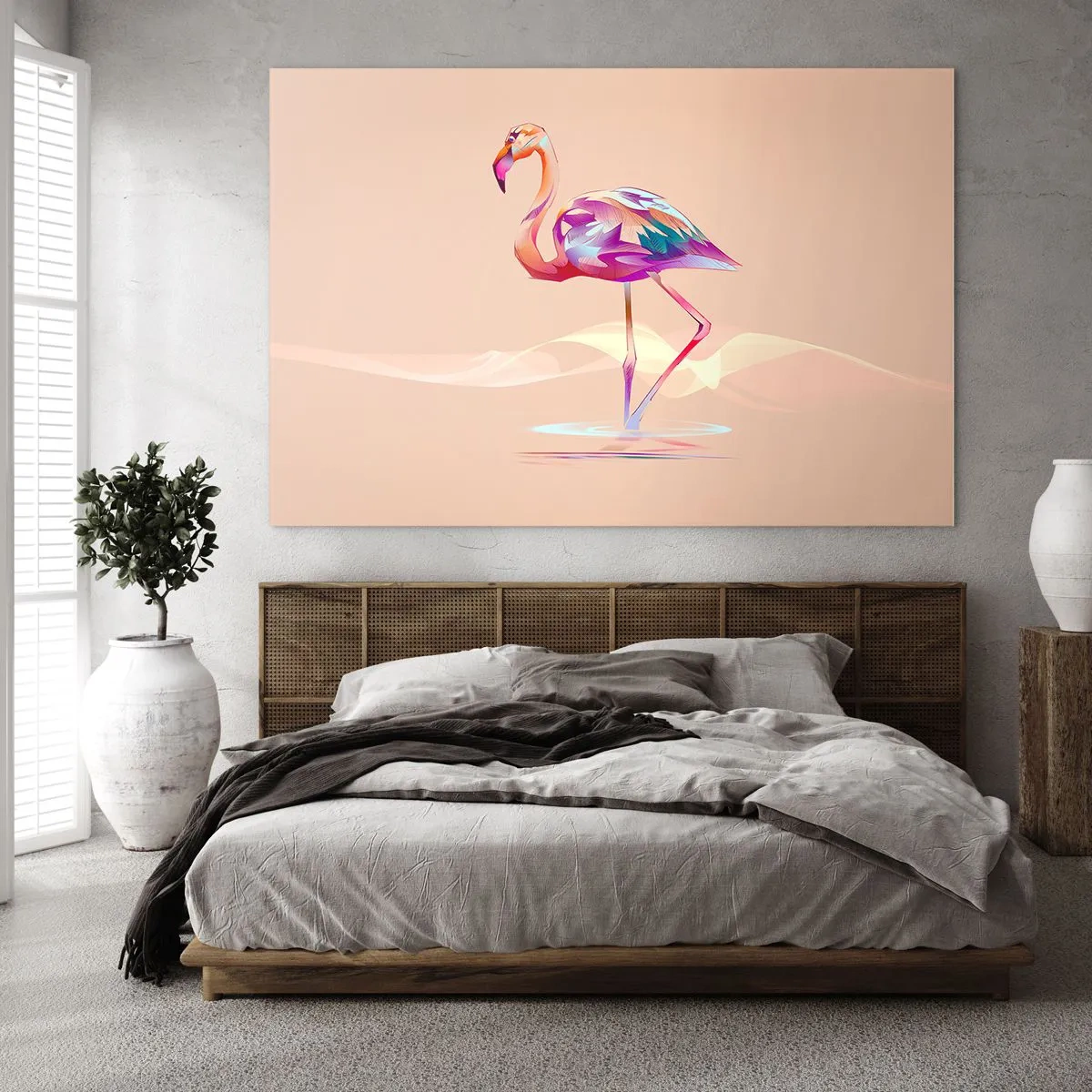 Glasbild - Bild auf glas - Bunter Flamingo auf pastellfarbenem Hintergrund - 120x80cm - Der Vogel der guten Gefühle - Moderne Wanddekoration für Wohnzimmer und Schlafzimmer ARTTOR