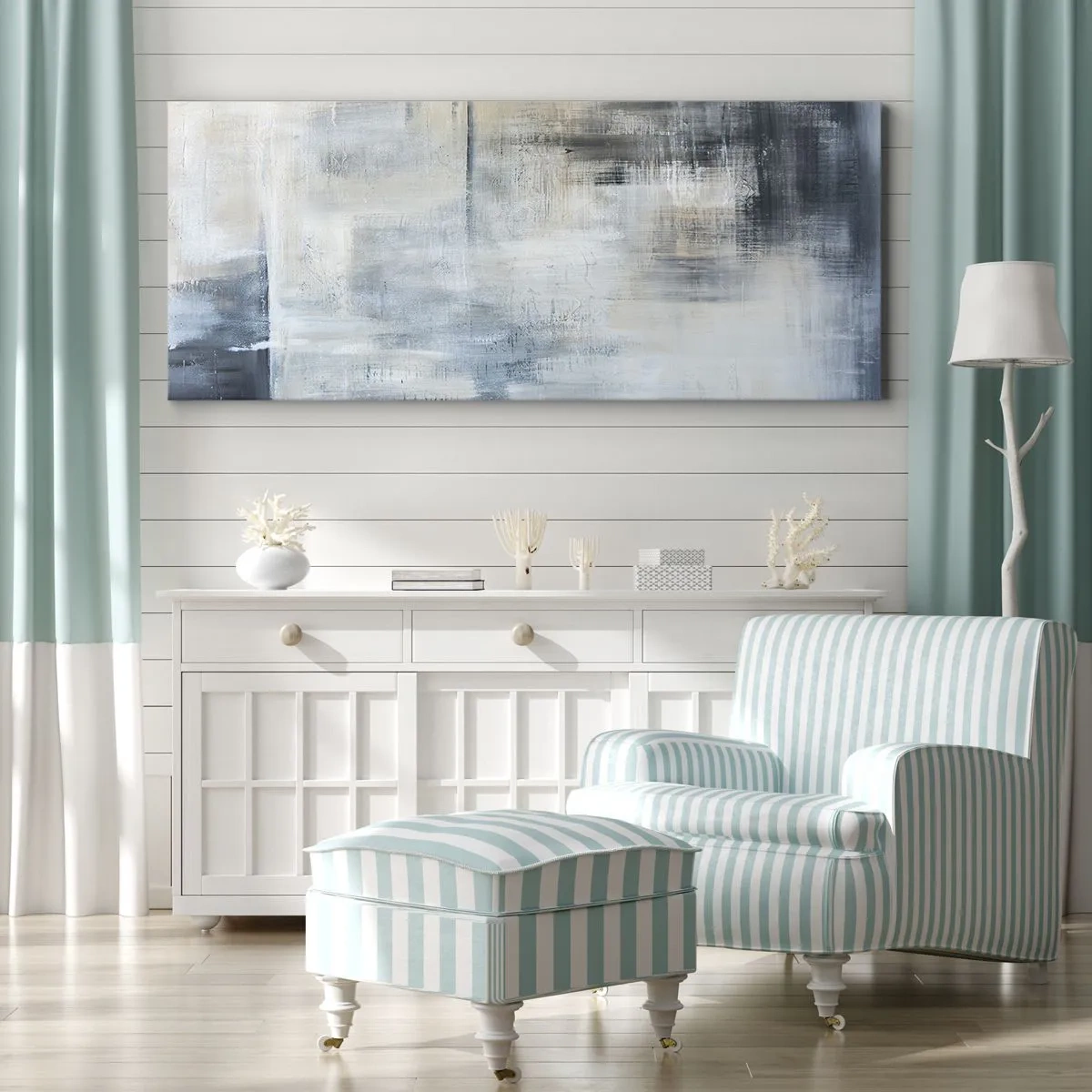 Bild auf Leinwand - Leinwandbild - Abstrakte Komposition in Blau- und Grautönen - 140x50cm - Hinter dem blauen Vorhang - Moderne Wanddekoration für Wohnzimmer und Schlafzimmer ARTTOR