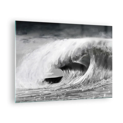 Glasbild - Bild auf glas - Eine kraftvolle Welle, eingefangen in einer Schwarz-Weiß-Ästhetik - 70x50cm - Wut des Ozeans - Moderne Wanddekoration für Wohnzimmer und Schlafzimmer ARTTOR