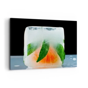 Bild auf Leinwand - Leinwandbild - Eiswürfel mit Orange und Blättern - 120x80cm - Frisch und kühl - Moderne Wanddekoration für Wohnzimmer und Schlafzimmer ARTTOR