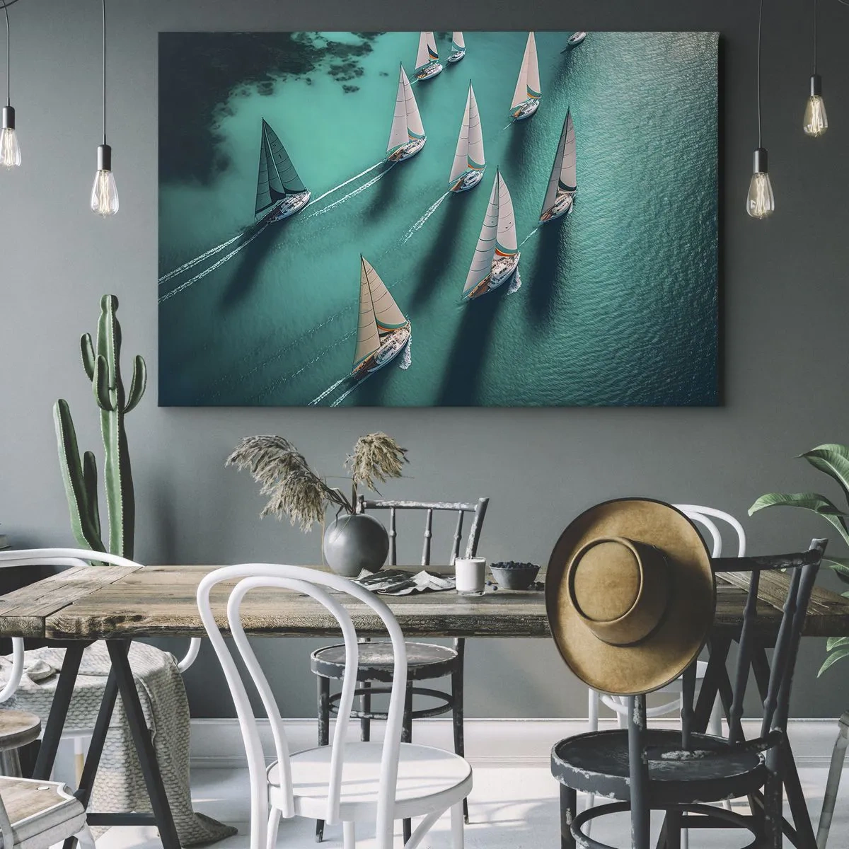 Bild auf Leinwand - Leinwandbild - Yachten auf türkisfarbenem Wasser in dynamischer Bewegung - 70x50cm - Im Wettbewerb mit dem Wind - Moderne Wanddekoration für Wohnzimmer und Schlafzimmer ARTTOR