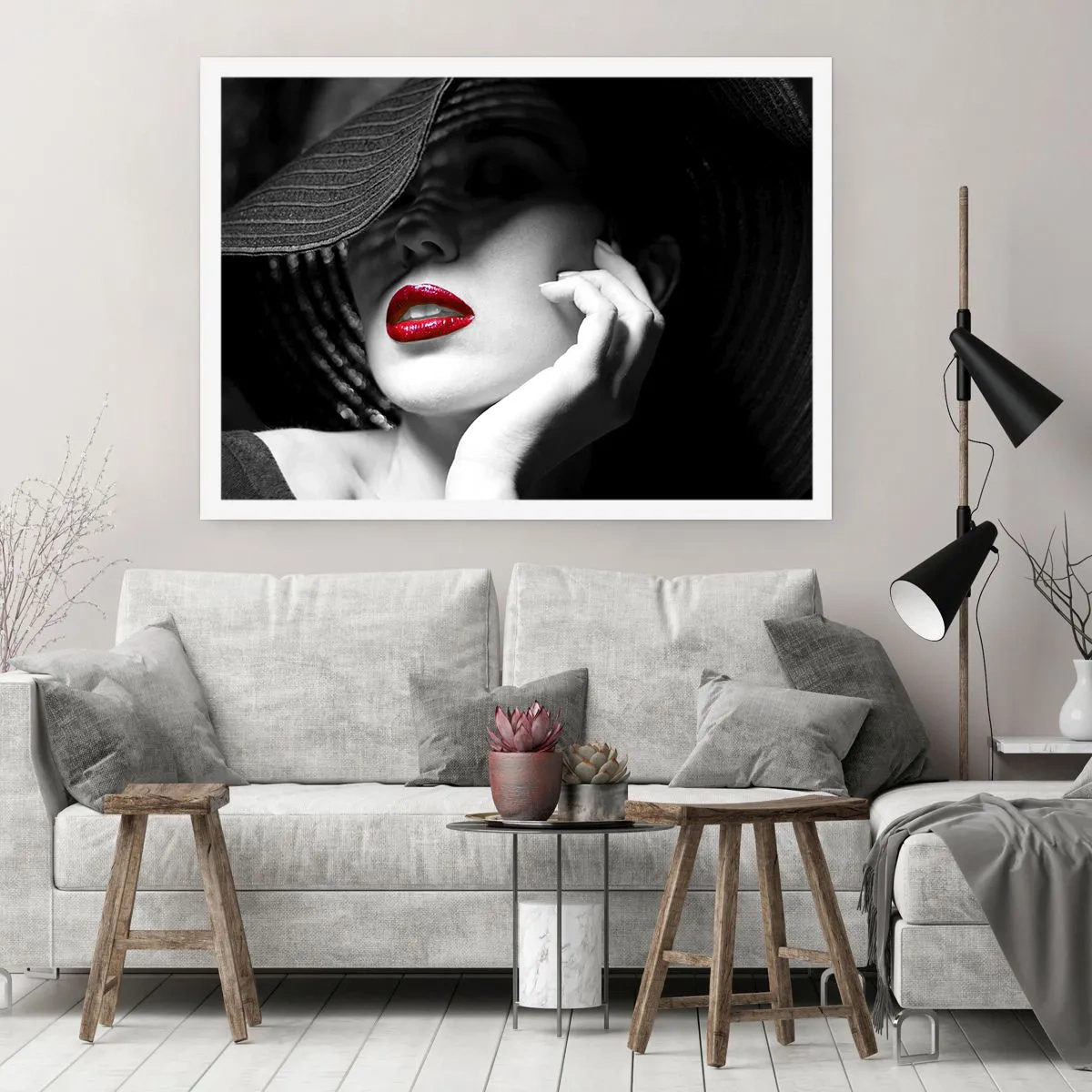 Poster - Schwarz-Weiß-Porträt einer Frau mit roten Lippen - 100x70cm - Eine Studie in Scharlachrot - Moderne Wanddekoration für Wohnzimmer und Schlafzimmer ARTTOR