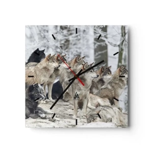 Wanduhr - Glasuhr - Ein Wolfsrudel im Winterwald - 30x30cm - Familie und Freunde - Moderne Wanddekoration für Wohnzimmer und Schlafzimmer ARTTOR