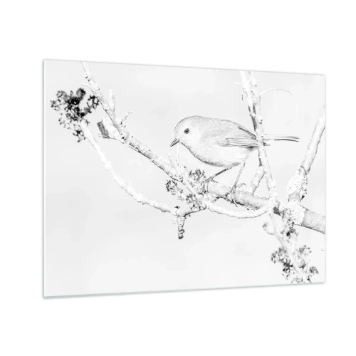 Glasbild - Bild auf glas - Ein Vogel sitzt auf einem Ast in einer monochromen Winterlandschaft. - 70x50cm - Wintermorgen - Moderne Wanddekoration für Wohnzimmer und Schlafzimmer ARTTOR