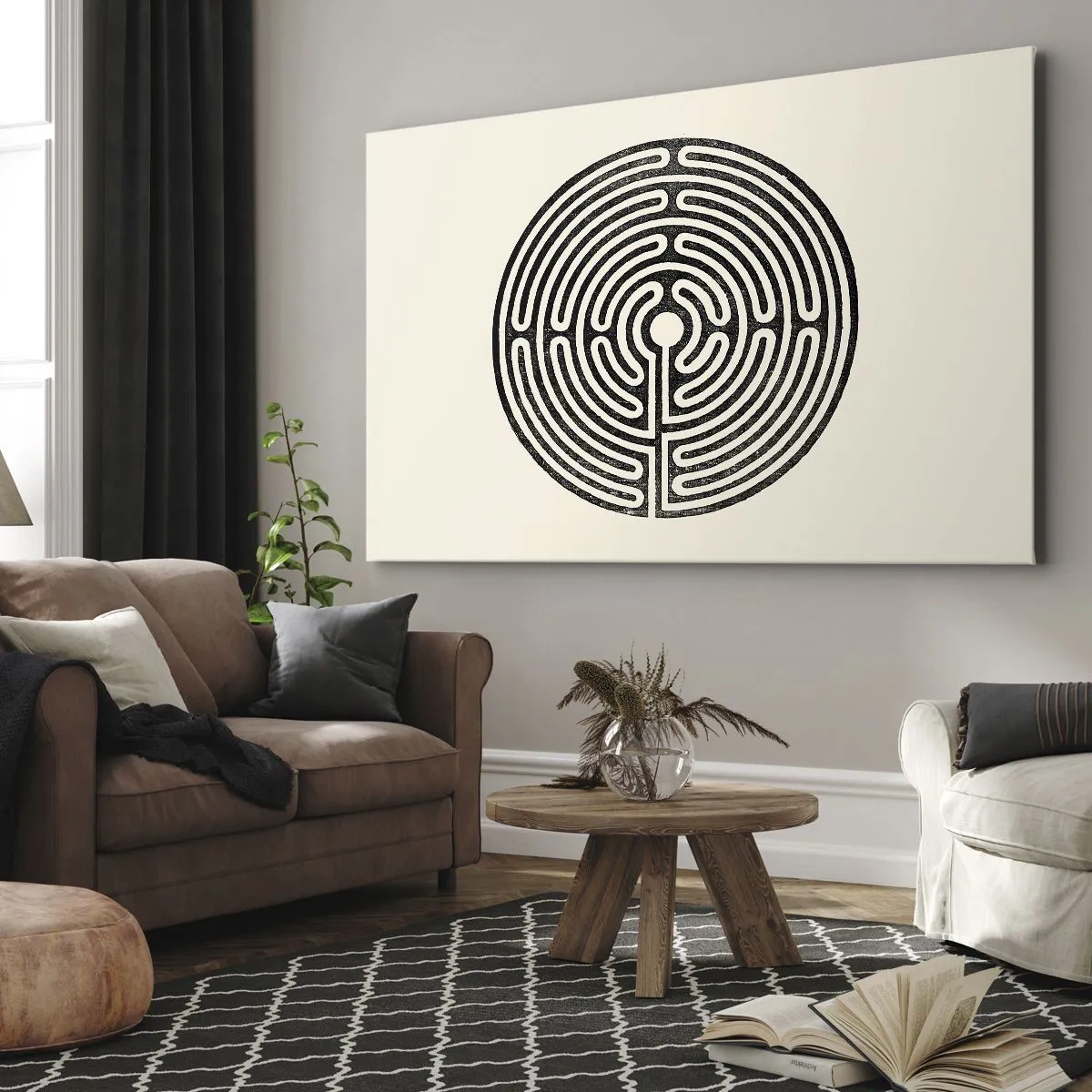 Bild auf Leinwand - Leinwandbild - Schwarz-weißes kreisförmiges Labyrinth auf hellem Hintergrund - 70x50cm - Geheimnisvolle Ordnung - Moderne Wanddekoration für Wohnzimmer und Schlafzimmer ARTTOR