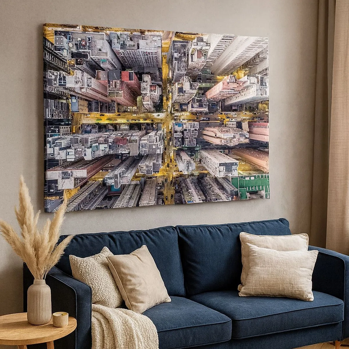 Bild auf Leinwand - Leinwandbild - Eine Stadt voller Wolkenkratzer aus der Vogelperspektive - 70x50cm - Grüße aus Hongkong - Moderne Wanddekoration für Wohnzimmer und Schlafzimmer ARTTOR