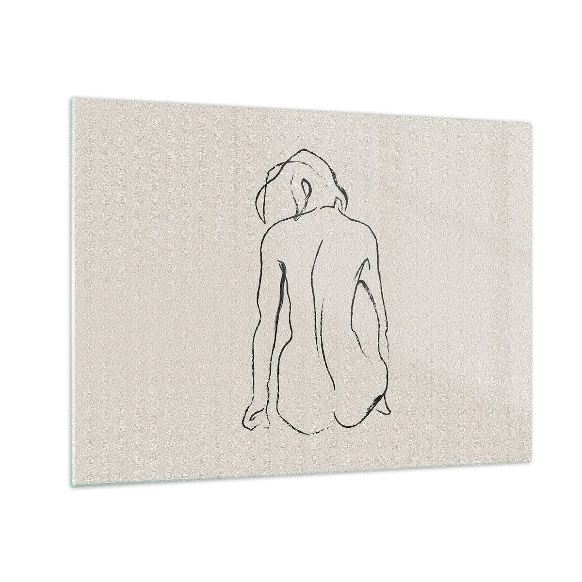 Glasbild - Bild auf glas - Eine zarte Skizze einer sitzenden Frau, in Schwarz auf hellem Hintergrund gezeichnet. - 70x50cm - Mädchenakt - Moderne Wanddekoration für Wohnzimmer und Schlafzimmer ARTTOR