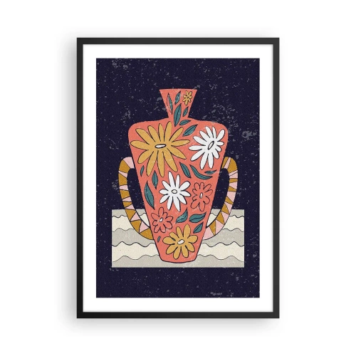 Poster in einem schwarzem Rahmen - Eine bunte Vase mit floralem Muster auf dunklem Hintergrund - 50x70cm - Bemalter Krug - Moderne Wanddekoration für Wohnzimmer und Schlafzimmer ARTTOR