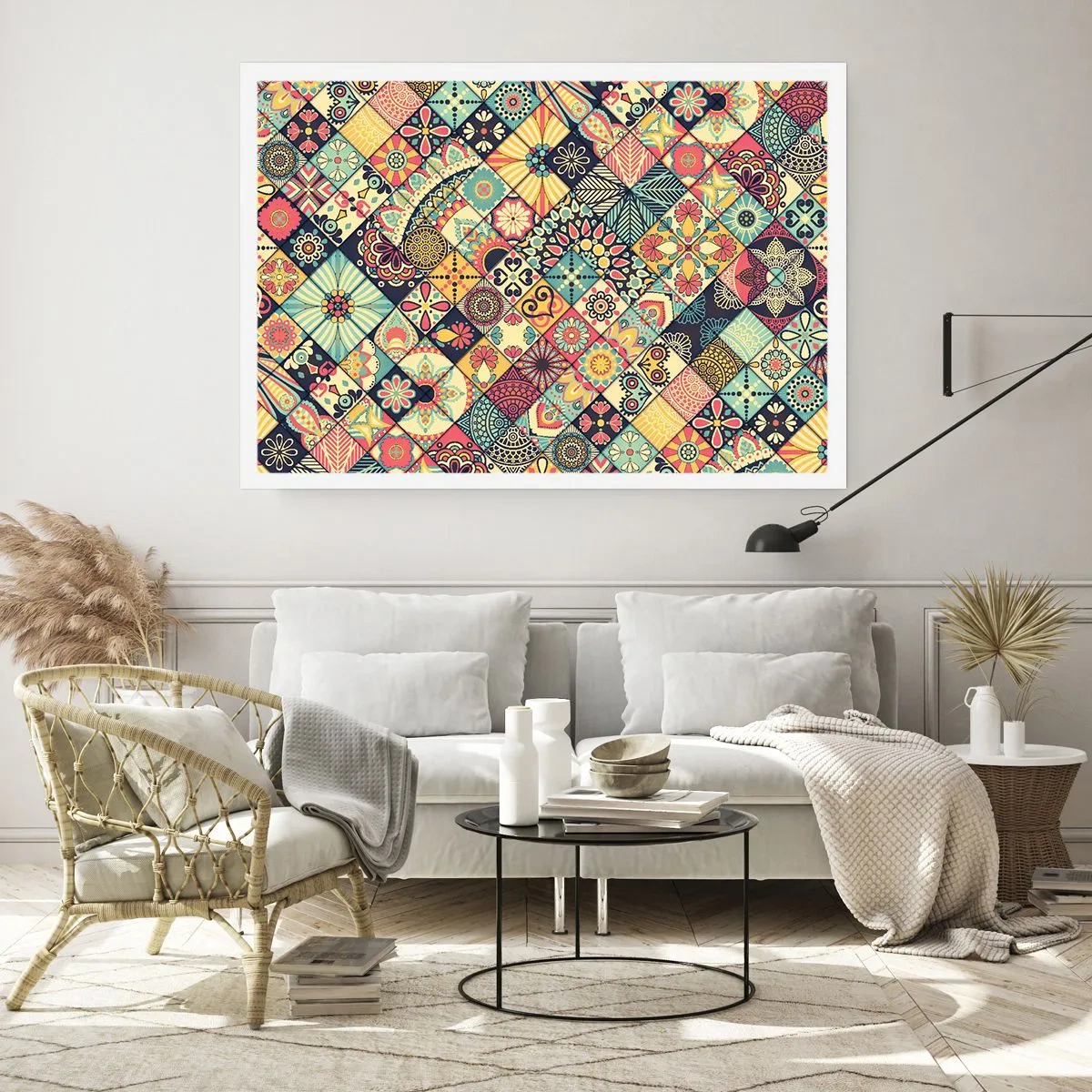 Poster - Bunte geometrische Muster, inspiriert vom marokkanischen Stil - 100x70cm - marokkanische Atmosphäre - Moderne Wanddekoration für Wohnzimmer und Schlafzimmer ARTTOR