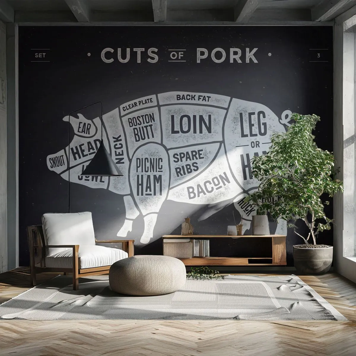 Fototapete Premium Sand - Metzger Grundierung - Gastronomie, Tier Schwein, Schweinefleisch - 500x350 cm
