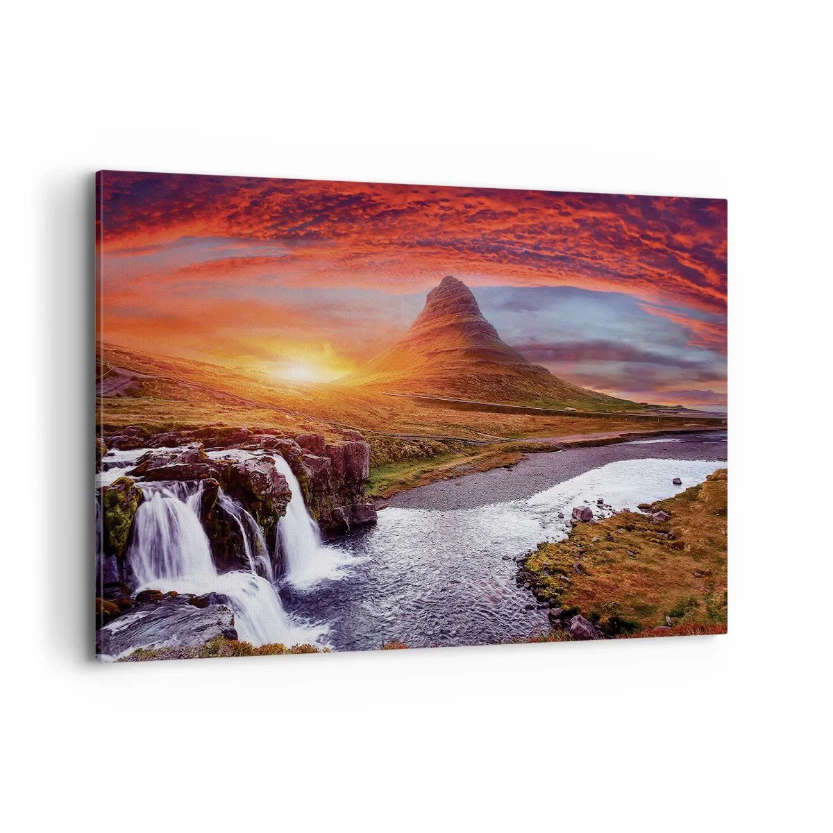 Bild auf Leinwand - Leinwandbild - Berglandschaft mit Wasserfall bei Sonnenuntergang - 120x80cm - Ein Blick auf Mittelerde - Moderne Wanddekoration für Wohnzimmer und Schlafzimmer ARTTOR