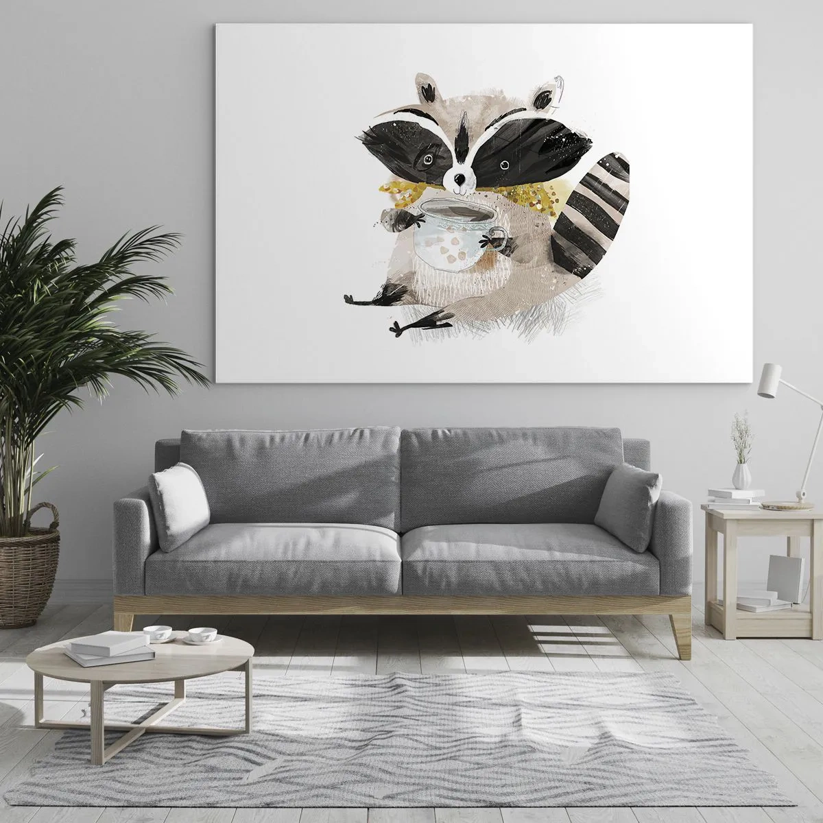 Glasbild - Bild auf glas - Ein süßer Waschbär hält eine Tasse Getränk - 70x50cm - Mein Freund der Waschbär - Moderne Wanddekoration für Wohnzimmer und Schlafzimmer ARTTOR
