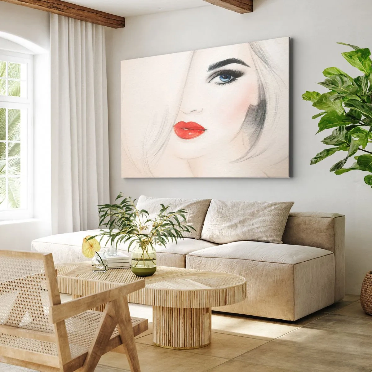 Bild auf Leinwand - Leinwandbild - Ein minimalistisches Porträt einer Frau mit blauen Augen und roten Lippen. - 120x80cm - Es hypnotisiert und berauscht - Moderne Wanddekoration für Wohnzimmer und Schlafzimmer ARTTOR