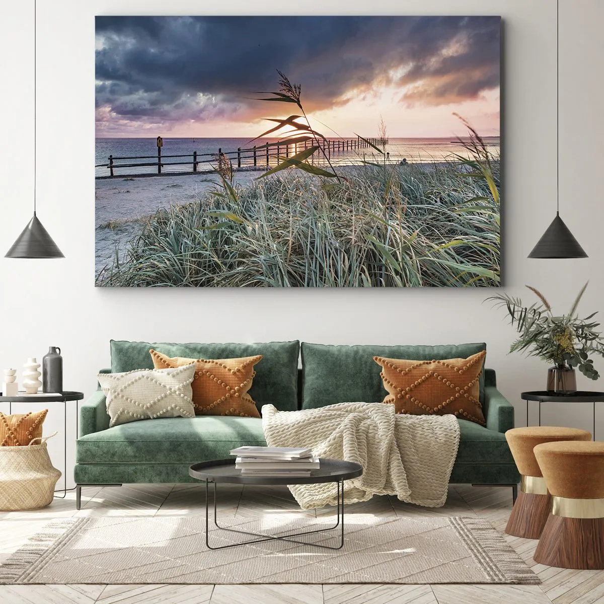 Bild auf Leinwand - Leinwandbild - Strand bei Sonnenuntergang mit Gräsern im Vordergrund - 70x50cm - Es vergeht nicht mit dem Wind - Moderne Wanddekoration für Wohnzimmer und Schlafzimmer ARTTOR
