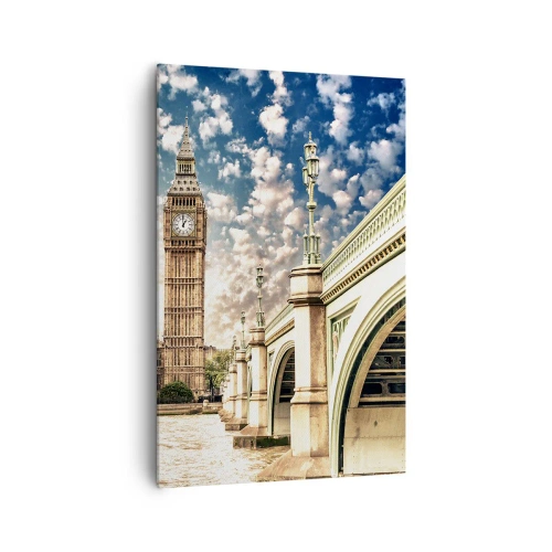 Bild auf Leinwand - Leinwandbild - Big Ben und Westminster Bridge im Sonnenlicht in London - 80x120cm - Federwolken über der Themse - Moderne Wanddekoration für Wohnzimmer und Schlafzimmer ARTTOR