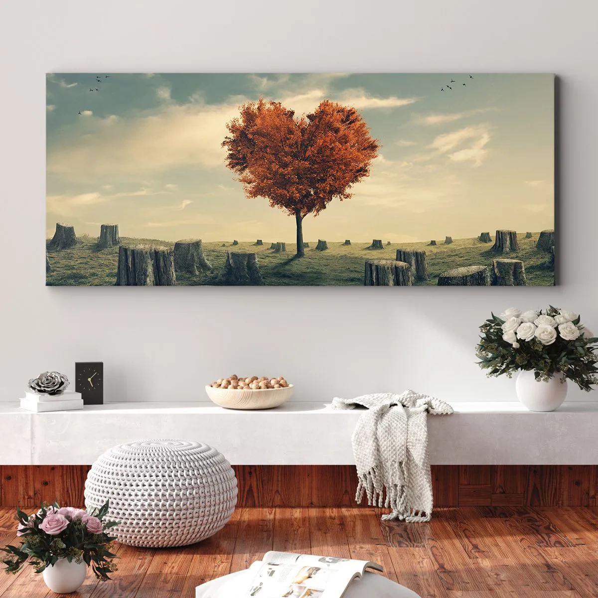 Bild auf Leinwand - Leinwandbild - Ein herzförmiger Baum in einem Feld aus Baumstümpfen, ein Symbol der Hoffnung - 120x50cm - Es gibt noch Hoffnung - Moderne Wanddekoration für Wohnzimmer und Schlafzimmer ARTTOR