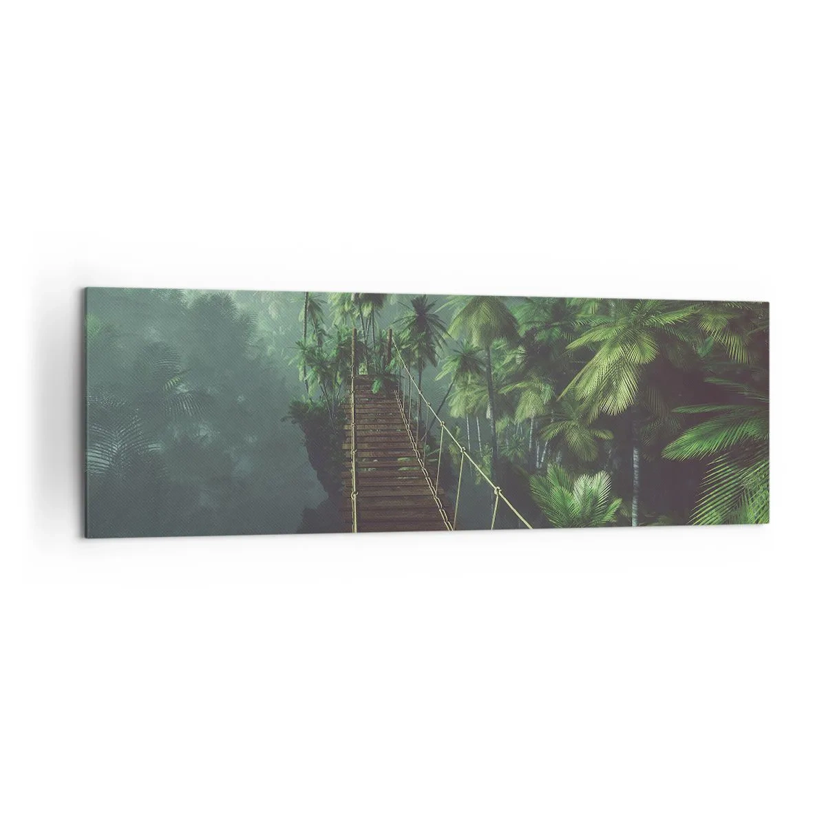 Bild auf Leinwand - Leinwandbild - Eine Hängebrücke in einem tropischen Wald, umgeben von Nebel. - 160x50cm - Über der Brandung des Grüns - Moderne Wanddekoration für Wohnzimmer und Schlafzimmer ARTTOR
