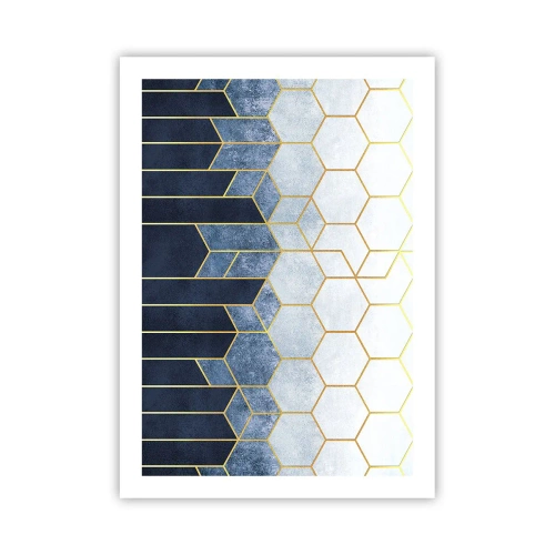Poster - Geometrische Komposition in Marineblau- und Goldtönen mit Sechsecken - 50x70cm - Komposition im synkopischen Rhythmus - Moderne Wanddekoration für Wohnzimmer und Schlafzimmer ARTTOR
