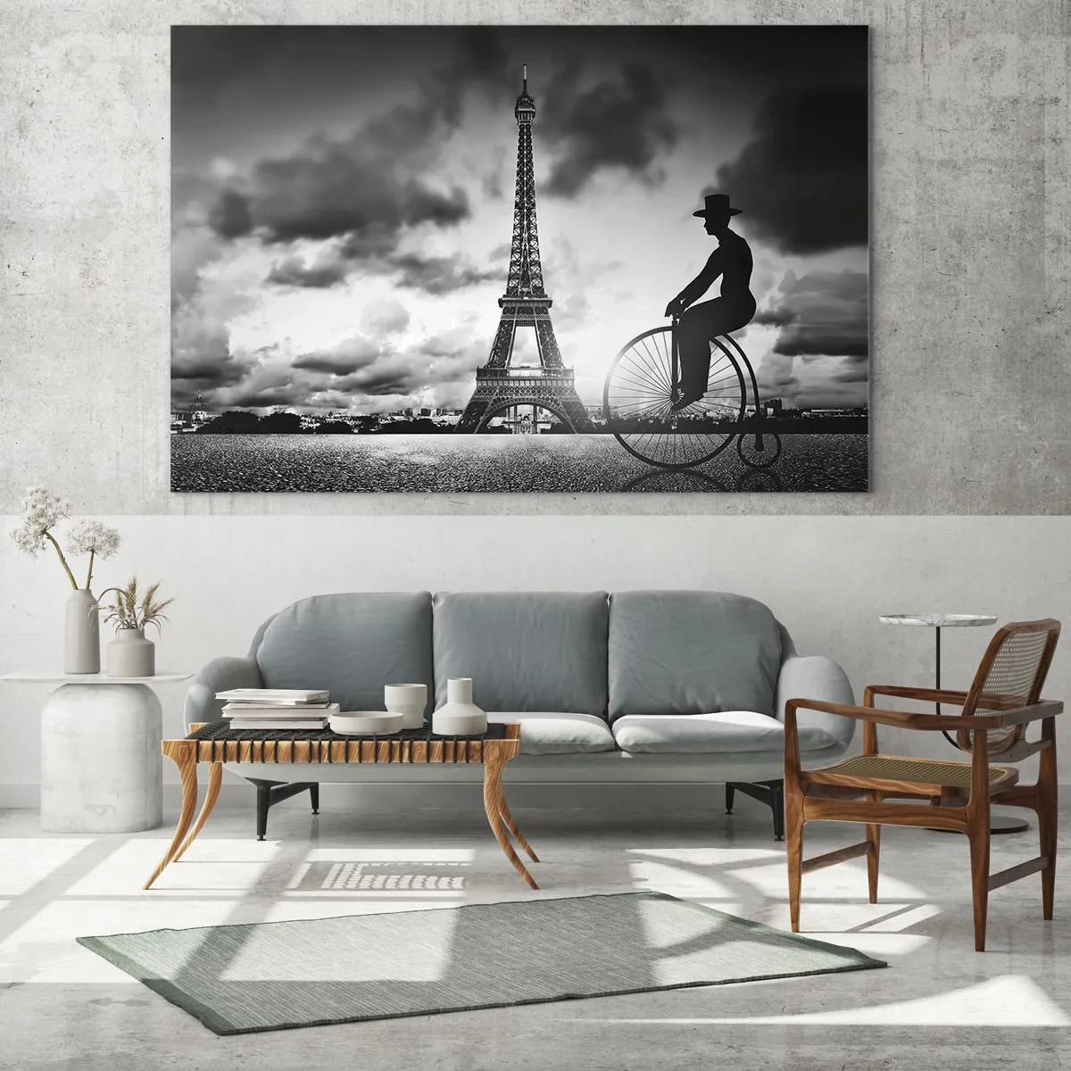 Glasbild - Bild auf glas - Eiffelturm mit Retro-Fahrrad in Schwarz und Weiß - 70x50cm - Sehnsucht nach Belle Epoque - Moderne Wanddekoration für Wohnzimmer und Schlafzimmer ARTTOR
