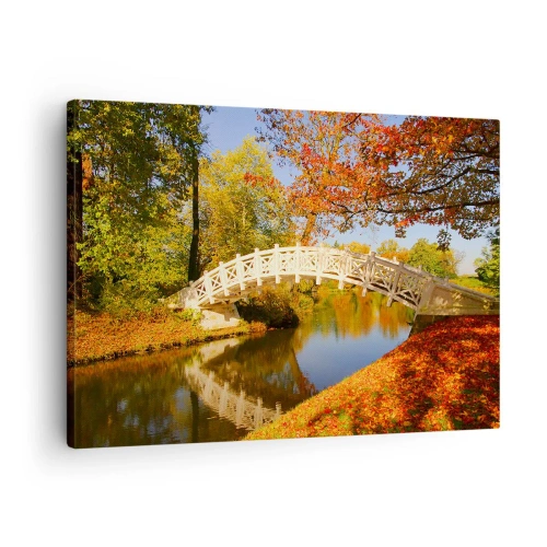 Bild auf Leinwand - Leinwandbild - Eine Brücke in einem Park, umgeben von Herbstlaub über ruhigem Wasser - 70x50cm - Auf der weißen Seufzerbrücke - Moderne Wanddekoration für Wohnzimmer und Schlafzimmer ARTTOR