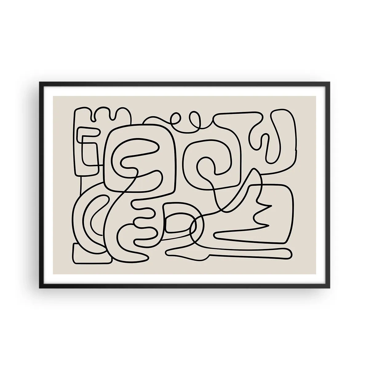 Poster in einem schwarzem Rahmen - Abstraktes Linienkunstmuster in Schwarz auf hellem Hintergrund - 100x70cm - Folge der Spur - Moderne Wanddekoration für Wohnzimmer und Schlafzimmer ARTTOR