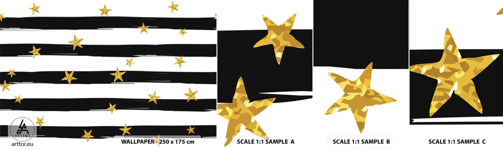 Fototapetenmuster Standard Eco - Wir wurden alle unter einem glücklichen Stern geboren - Grafik, Goldstern, Schwarz-weiße Streifen - 100x30 cm