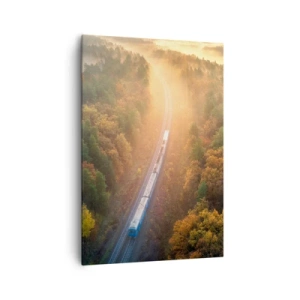 Bild auf Leinwand - Leinwandbild - Ein Zug in einem herbstlichen Wald im Morgengrauen - 70x100cm - Herbstreise - Moderne Wanddekoration für Wohnzimmer und Schlafzimmer ARTTOR