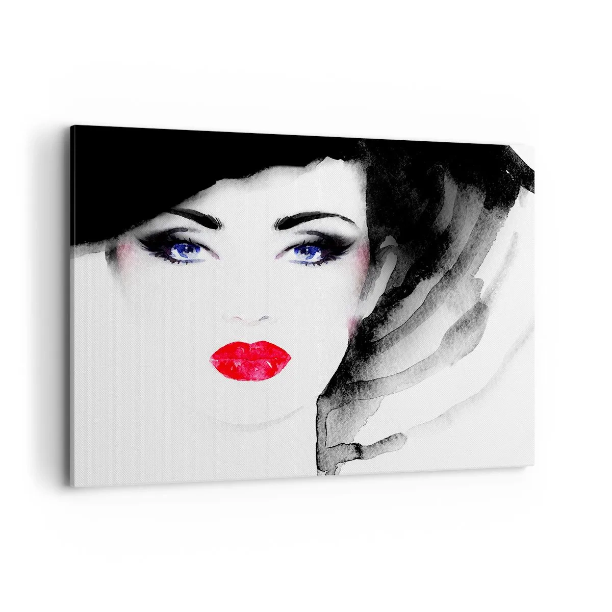 Bild auf Leinwand - Leinwandbild - Porträt einer Frau mit roten Lippen und intensiven blauen Augen - 120x80cm - Er drückt zurück und ruft an - Moderne Wanddekoration für Wohnzimmer und Schlafzimmer ARTTOR