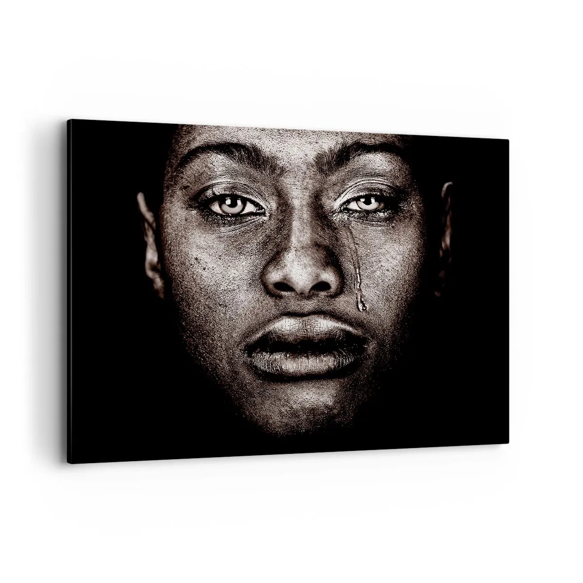 Bild auf Leinwand - Leinwandbild - Porträt eines Gesichts mit einer einzelnen Träne auf schwarzem Hintergrund - 100x70cm - Eine Träne - Moderne Wanddekoration für Wohnzimmer und Schlafzimmer ARTTOR