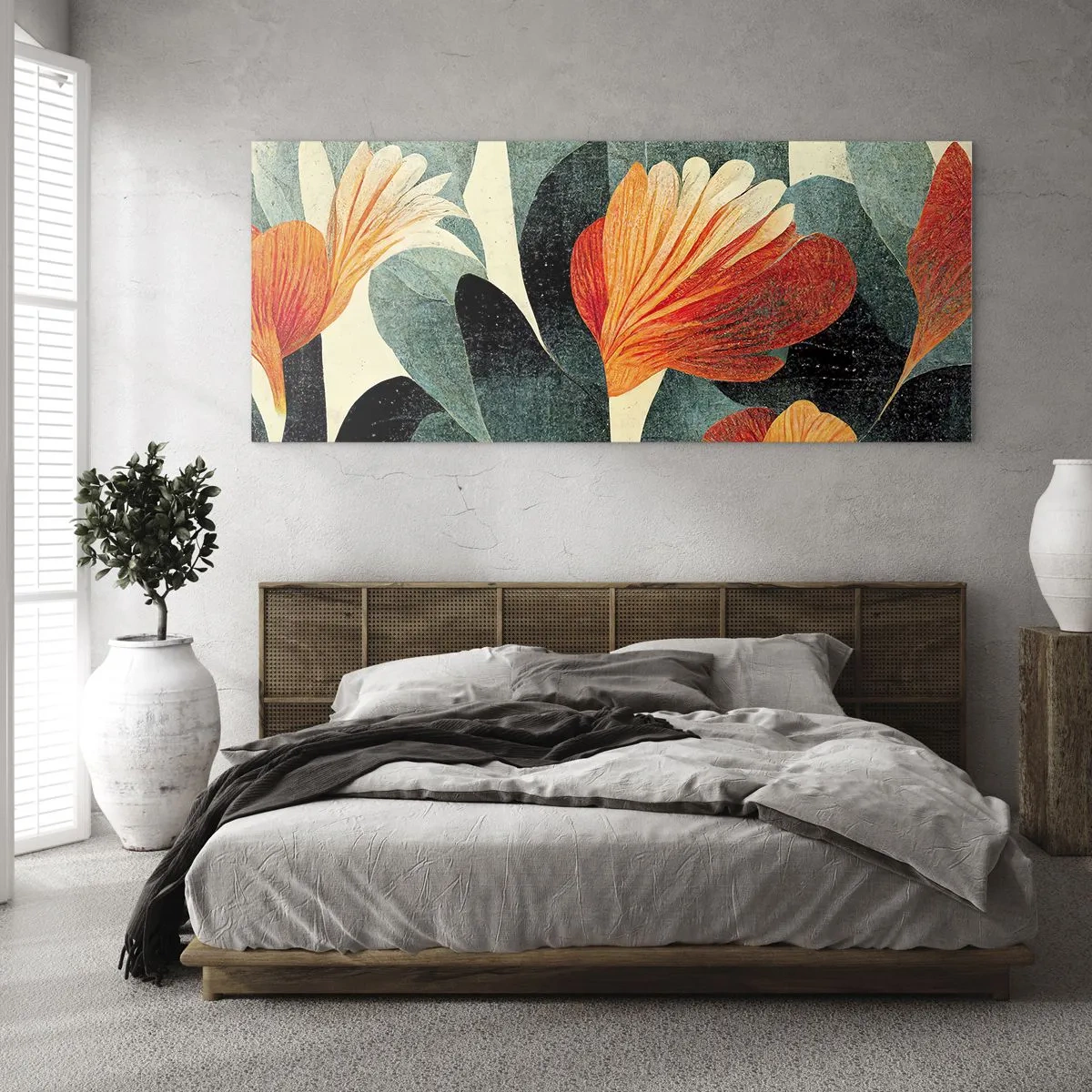 Glasbild - Bild auf glas - Blüten in intensiven Orange- und Grüntönen - 160x50cm - Hitze der Tropen und Kühle des Grüns - Moderne Wanddekoration für Wohnzimmer und Schlafzimmer ARTTOR