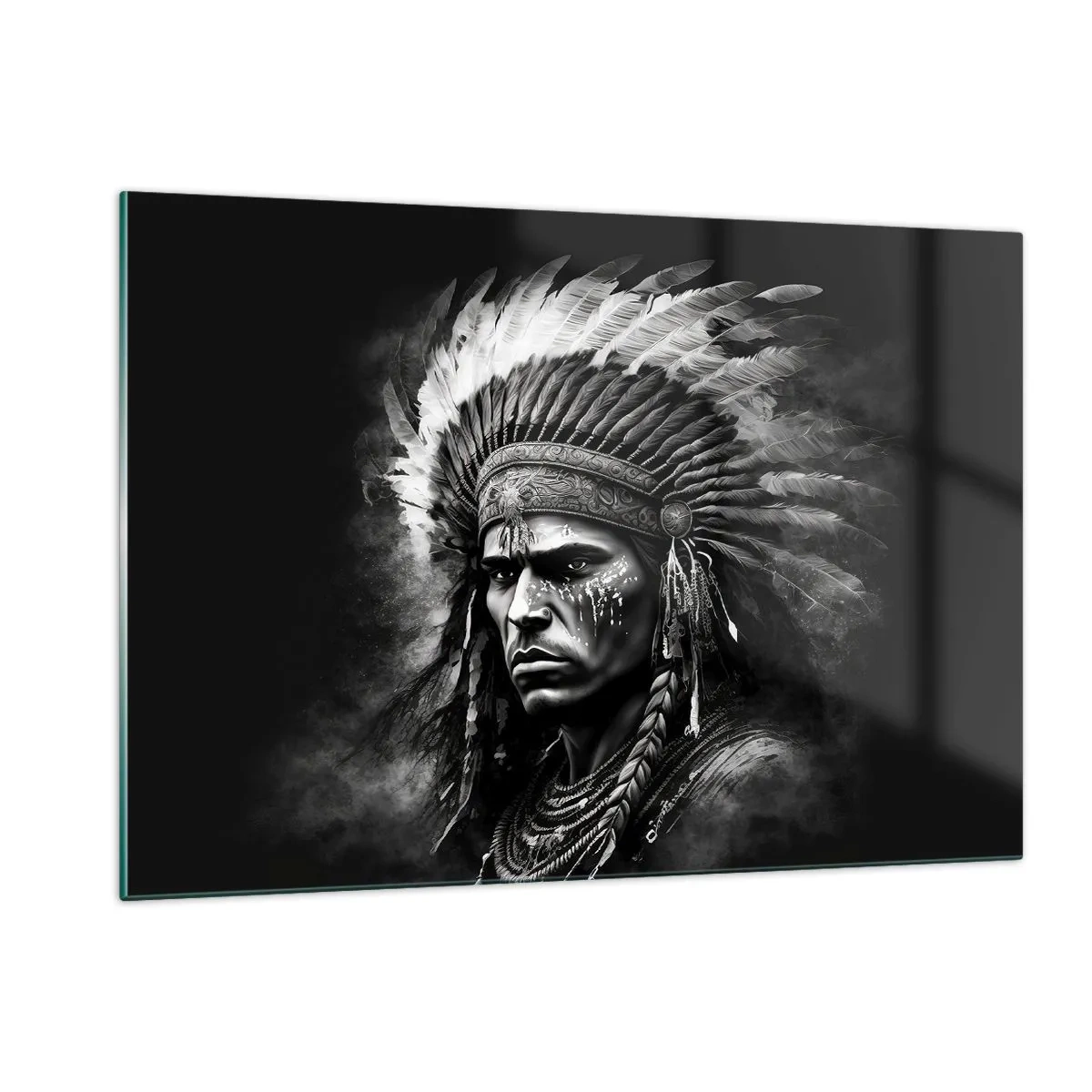 Glasbild - Bild auf glas - Schwarz-Weiß-Porträt eines Kriegers mit Federkopfschmuck - 120x80cm - Anführer und Krieger - Moderne Wanddekoration für Wohnzimmer und Schlafzimmer ARTTOR