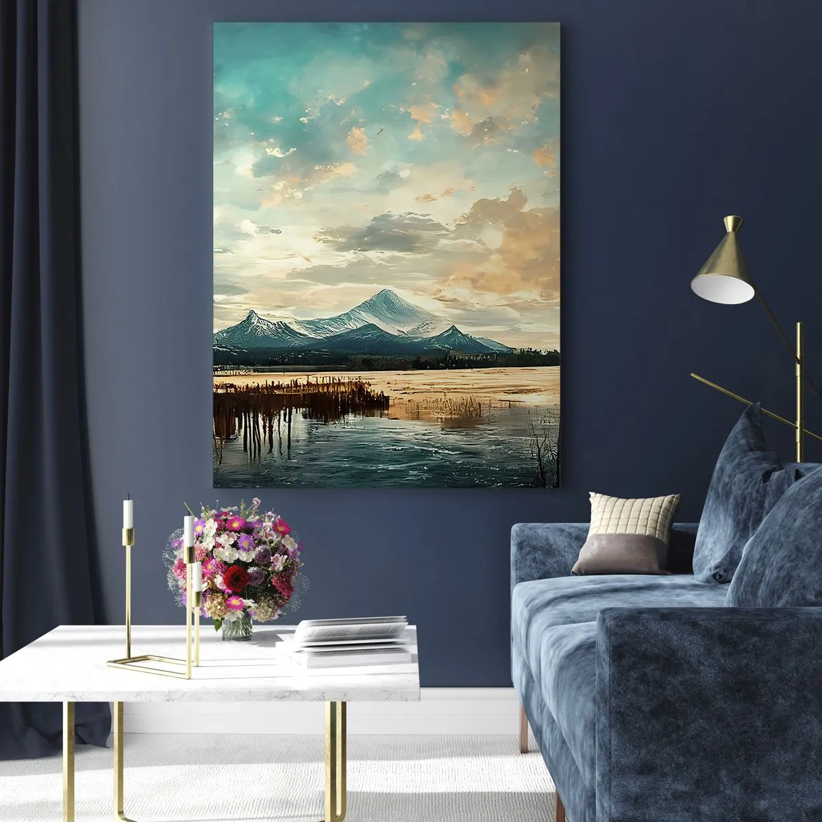 Glasbild - Bild auf glas - Eine malerische Landschaft mit einem Berg und einem ruhigen See - 80x120cm - Unter dem Schutz des Himmels - Moderne Wanddekoration für Wohnzimmer und Schlafzimmer ARTTOR