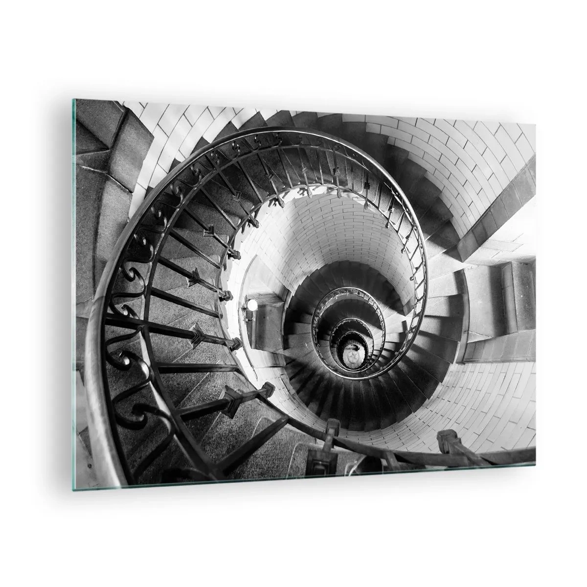 Glasbild - Bild auf glas - Schwarz-Weiß-Foto einer Wendeltreppe in Perspektive - 70x50cm - Höher und höher - Moderne Wanddekoration für Wohnzimmer und Schlafzimmer ARTTOR
