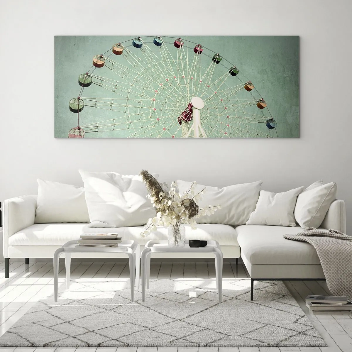 Glasbild - Bild auf glas - Ein buntes Riesenrad vor blauem Himmel im Retro-Stil - 140x50cm - Wir laden zum Spiel ein - Moderne Wanddekoration für Wohnzimmer und Schlafzimmer ARTTOR