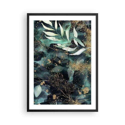 Poster in einem schwarzem Rahmen - Grüne Blätter und goldene Akzente auf dunklem Hintergrund - 50x70cm - Zaubergarten - Moderne Wanddekoration für Wohnzimmer und Schlafzimmer ARTTOR