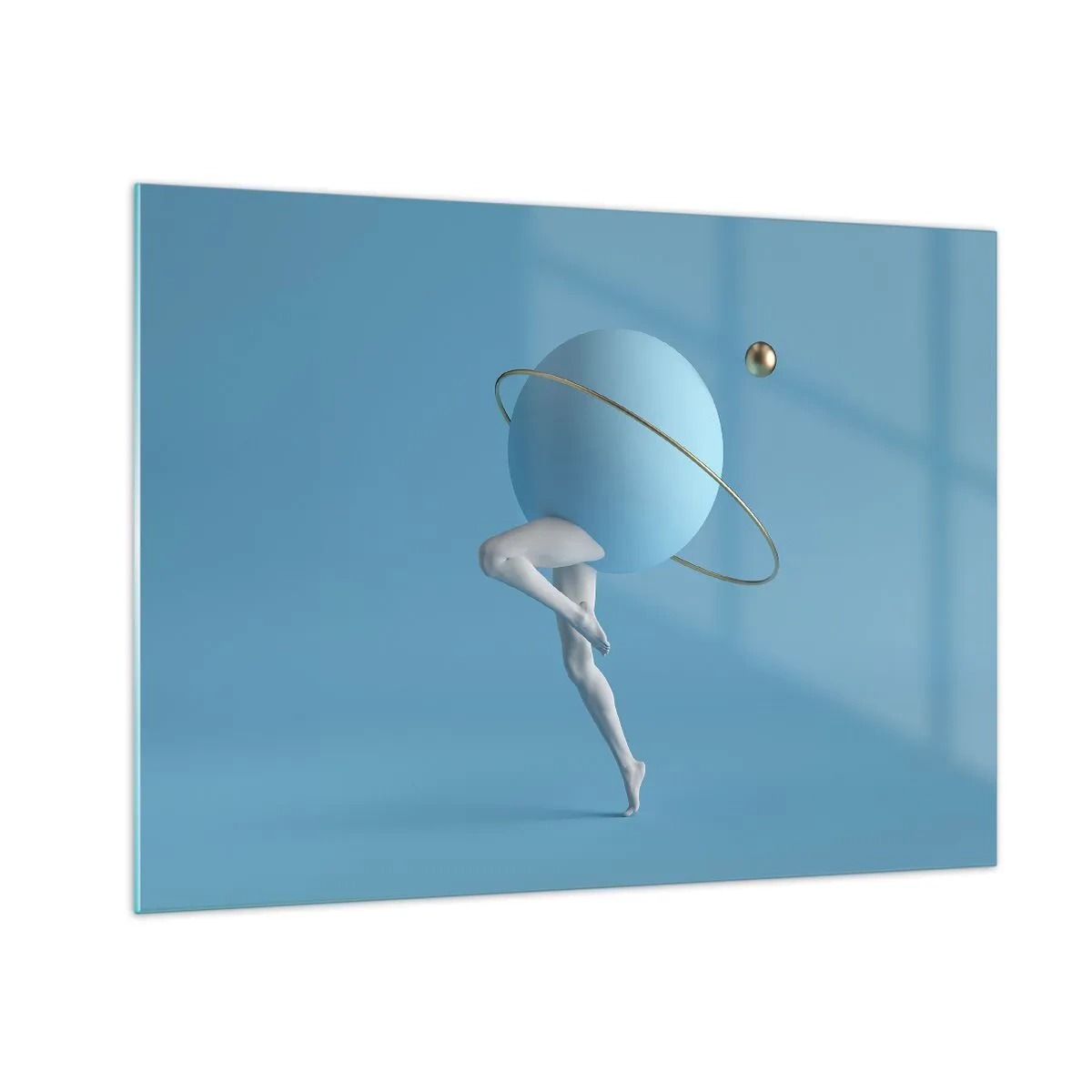 Glasbild - Bild auf glas - Eine minimalistische Komposition eines Planeten mit menschlichen Beinen auf Blau. - 70x50cm - Und die Planeten spielen verrückt - Moderne Wanddekoration für Wohnzimmer und Schlafzimmer ARTTOR