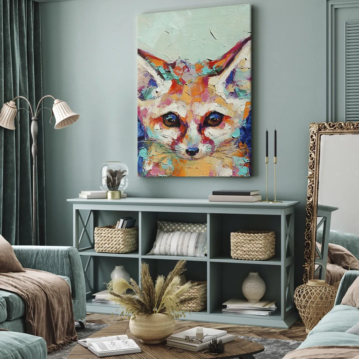 Bild auf Leinwand - Leinwandbild - Ein farbenfrohes Porträt eines Fenneks im Stil der expressiven Malerei. - 50x70cm - Bist du bereit für mich? - Moderne Wanddekoration für Wohnzimmer und Schlafzimmer ARTTOR