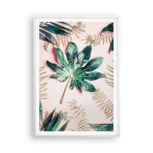 Poster in einem weißen Rahmen - Eine Studie von Grün auf einem rosa Hintergrund - 70x100 cm