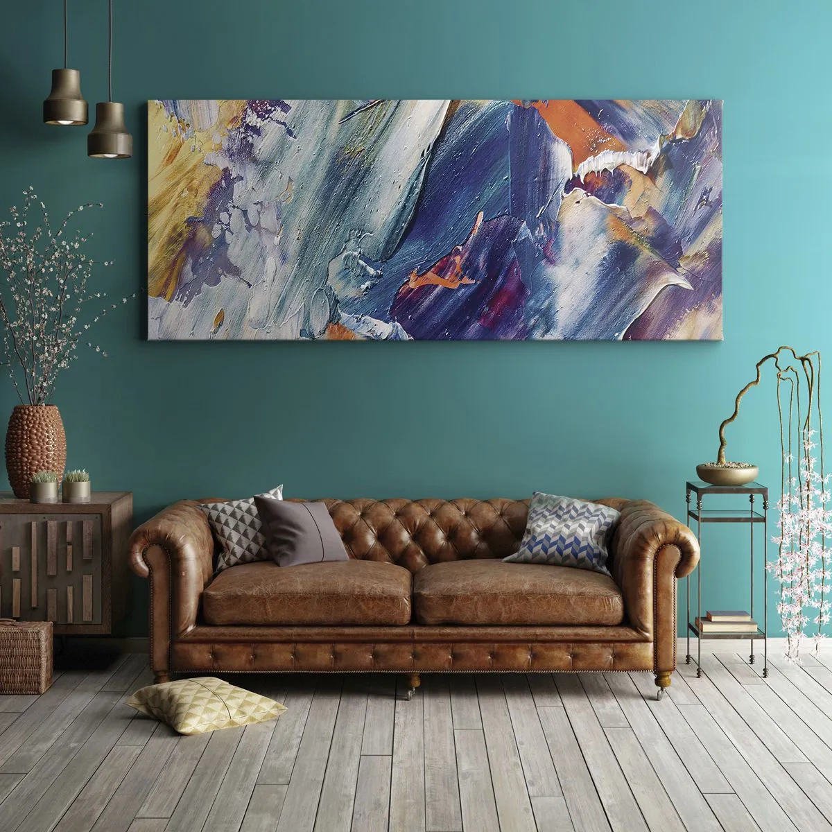 Bild auf Leinwand - Leinwandbild - Bunte Abstraktion mit Acrylfarbe Textur - 120x50cm - Farbverwirrung - Moderne Wanddekoration für Wohnzimmer und Schlafzimmer ARTTOR