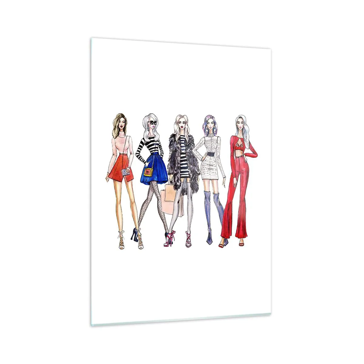 Glasbild - Bild auf glas - Modische Charaktere in stylischen Outfits in der Illustration - 50x70cm - Jede Woche Fashion Week - Moderne Wanddekoration für Wohnzimmer und Schlafzimmer ARTTOR
