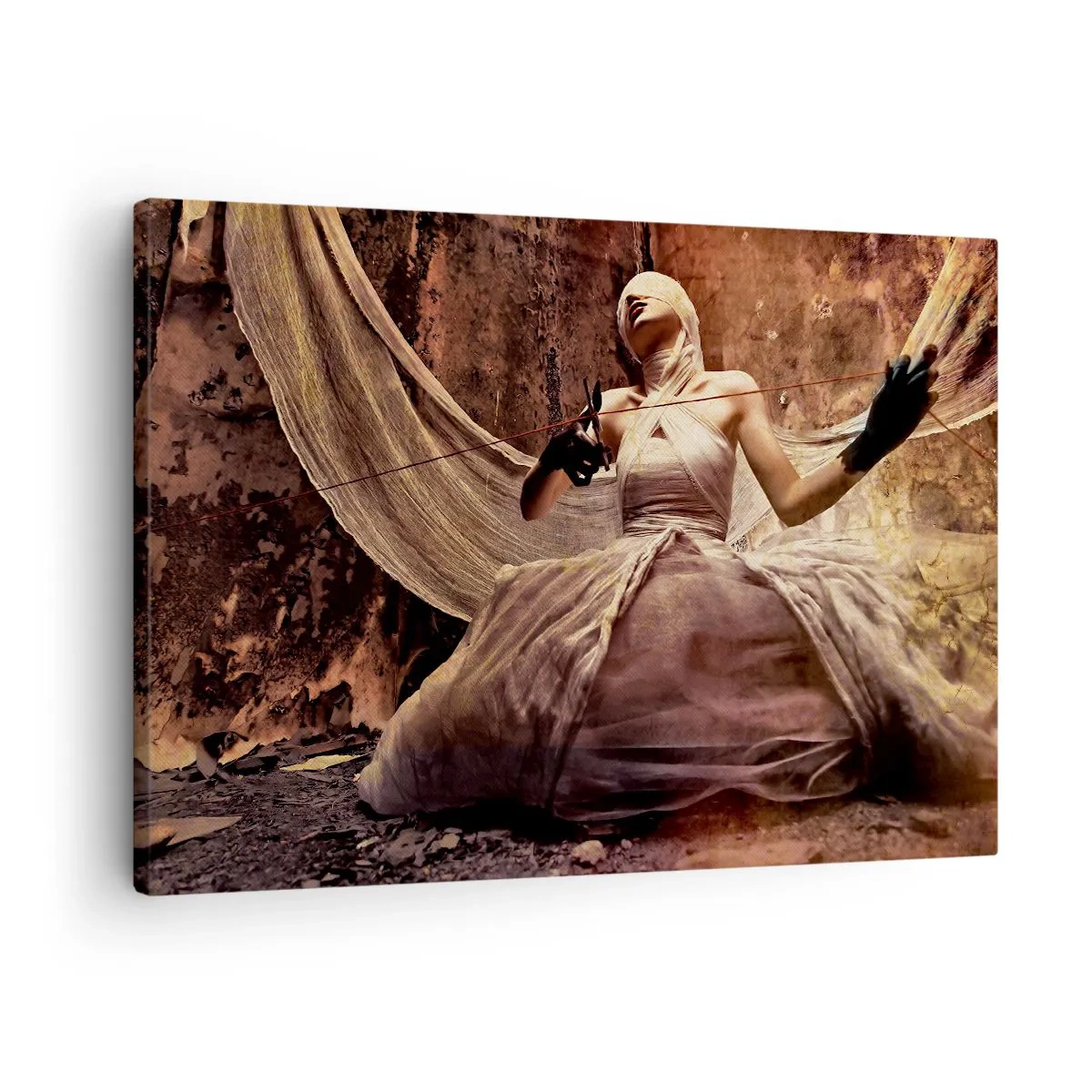 Bild auf Leinwand - Leinwandbild - Eine Frau in einem Kleid mit bedecktem Gesicht und einer Schere in den Händen - 70x50cm - Göttin des Schicksals - Moderne Wanddekoration für Wohnzimmer und Schlafzimmer ARTTOR