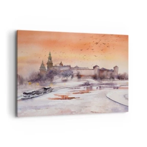 Bild auf Leinwand - Leinwandbild - Sonnenuntergang über dem Schloss in einer Winterlandschaft - 100x70cm - Königlicher Sonnenuntergang - Moderne Wanddekoration für Wohnzimmer und Schlafzimmer ARTTOR