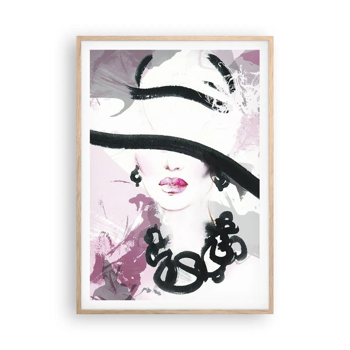 Poster in einem Rahmen aus heller Eiche - Bildnis einer Dame in Schwarz und Pink - 70x100 cm
