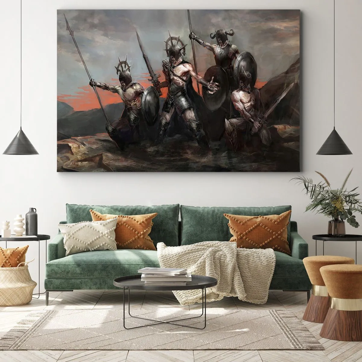 Bild auf Leinwand - Leinwandbild - Eine Gruppe von Kriegern in Rüstung mit Speeren vor dem Hintergrund des Sonnenuntergangs - 100x70cm - Mit oder auf einem Schild - Moderne Wanddekoration für Wohnzimmer und Schlafzimmer ARTTOR